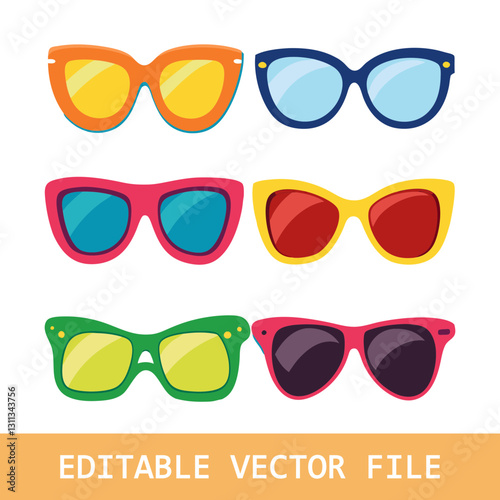 Fashion sunglasses. Modern glasses different shape and color, stylish sun protective accessories in trendy rims, eyesight care concept. Vector set. 