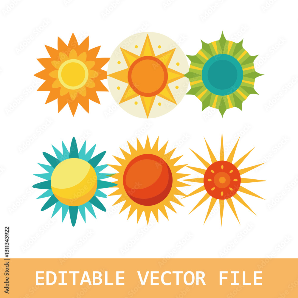 Fototapeta premium Sun vector set of six in yellow color on white background. Sun simple icons collection.