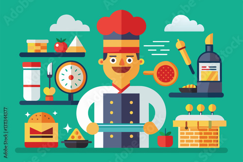 A pizza maker stands smiling with kitchen tools, ingredients, and equipment arranged around him in a colorful setting, Pizza maker Customizable Flat Illustration