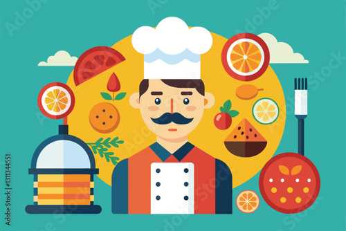 A pizza maker stands proudly in a colorful kitchen surrounded by fresh ingredients and tools for crafting pizza, Pizza maker Customizable Flat Illustration