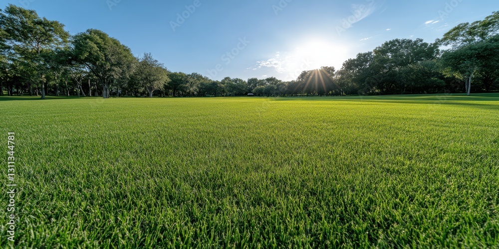 Expansive lush green park under a bright sky, with sunlight casting warm rays, creating a serene natural escape. Expansive lush green park under a bright sky, with sunlight casting warm rays, creating a serene natural escape.