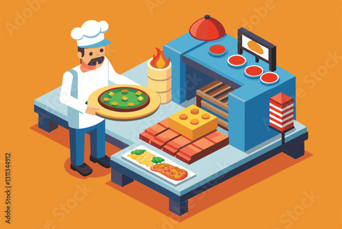 A pizza maker in a chef's hat crafts a fresh pizza alongside a variety of cooked dishes in a lively kitchen, Pizza maker Customizable Isometric Illustration