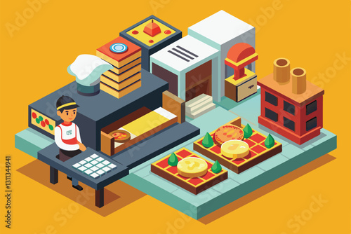 A pizza maker prepares delicious pies in a colorful, lively kitchen filled with toppings and ingredients, Pizza maker Customizable Isometric Illustration