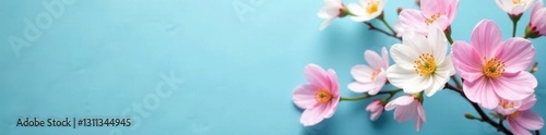 Delicate pink & white blooms, vibrant blue backdrop Springtime floral arrangement , vibrant, romantic