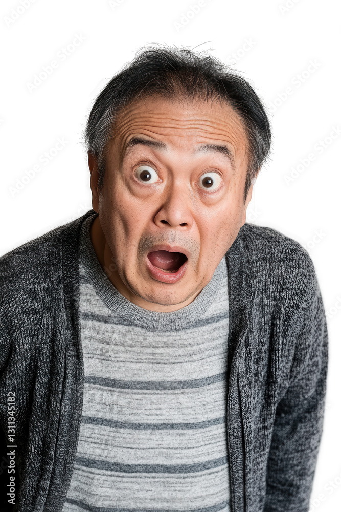 Surprised senior man expressing shock with open mouth and wide eyes isolated on white background, showcasing emotions and reactions in lifestyle imagery. Surprised senior man expressing shock with open mouth and wide eyes isolated on white background, showcasing emotions and reactions in lifestyle imagery.