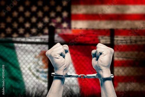 Mexican-American border and hands bound with handcuffs