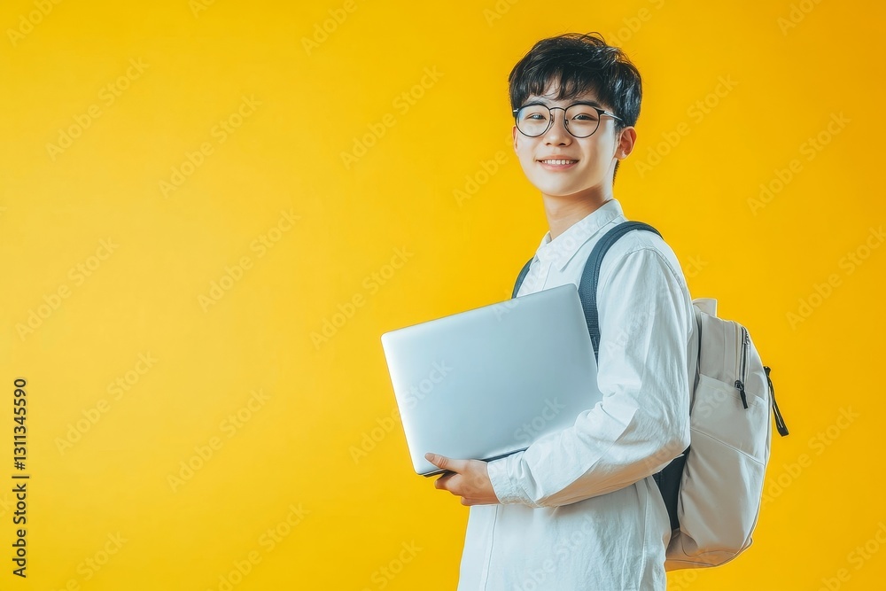 Smiling Student Holding Laptop Backpack Yellow Background man boy happy young white shirt study Smiling Student Holding Laptop Backpack Yellow Background man boy happy young white shirt study