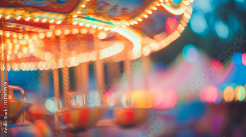 Defocused abstract nostalgic amusement park rides carnival electric lights colorful summer fun childhood background beautiful bokeh with copy space vintage fairground