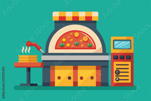 A colorful pizza maker is baking pizzas while a stack of prepped crusts waits nearby on a table, Pizza maker Customizable Semi Flat Illustration