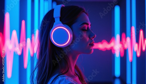 Serene woman with headphones in neon light, binaural beats relaxation