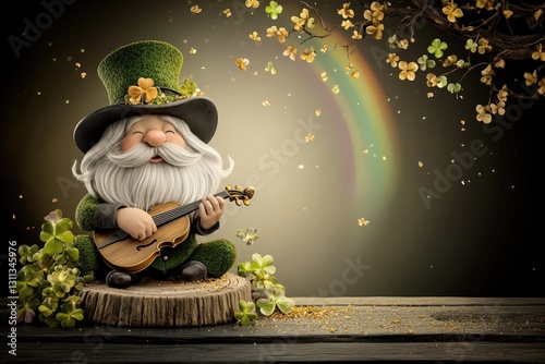 Leprechaun Playing Guitar Under Rainbow in Vibrant Spring Nature Scene - St. Patrick's Day Whimsical Festive Character with Green Traditional Costume