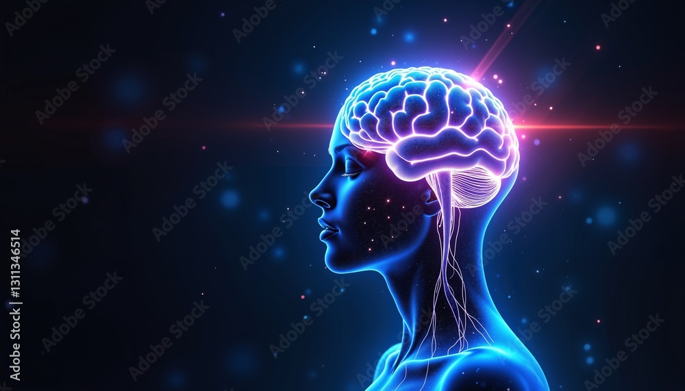 Futuristic woman profile with glowing brain on dark background, representing binaural beats Futuristic woman profile with glowing brain on dark background, representing binaural beats