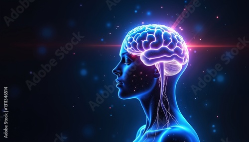 Futuristic woman profile with glowing brain on dark background, representing binaural beats