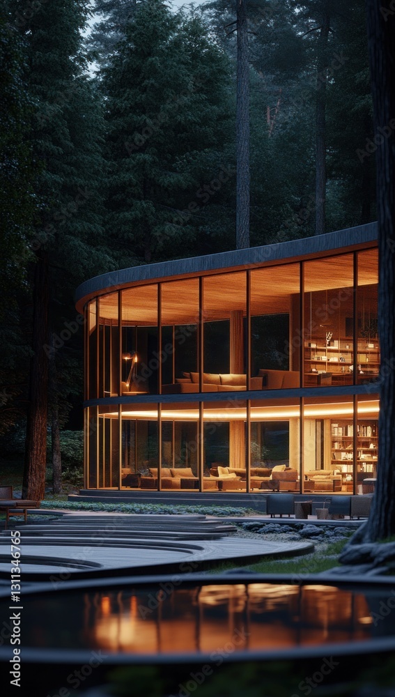 Modern, curved glass lodge nestled in a tranquil forest at twilight Modern, curved glass lodge nestled in a tranquil forest at twilight