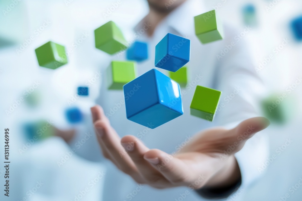Man's hands holding floating blue and green cubes. Man's hands holding floating blue and green cubes.
