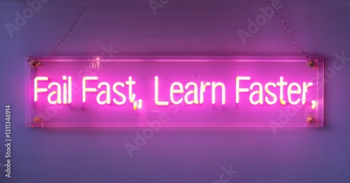 Neon sign fail fast learn faster cyber fuchsia warm indigo glowing inside high energy startup event softly reflecting led presentation screens