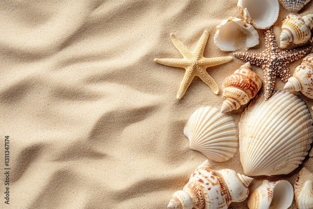 Beautiful seashells and starfish on the sandy beach Beautiful seashells and starfish on the sandy beach