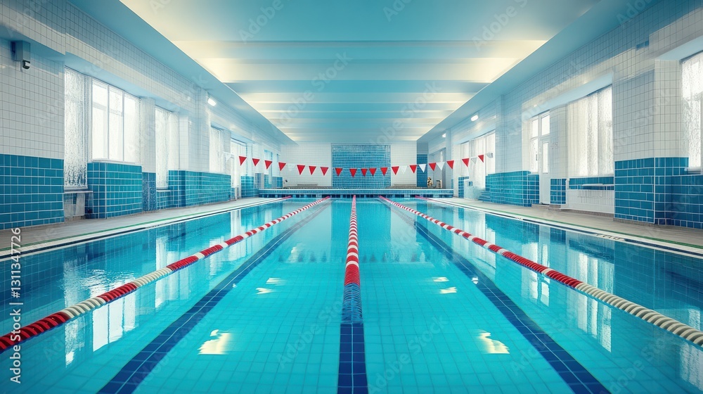 Obraz premium Indoor swimming pool with lanes and flags, empty, ready for training or competition