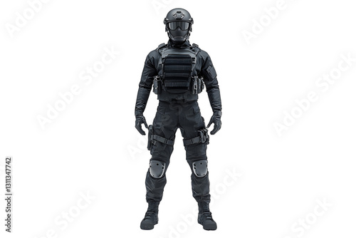 Swat outfit black isolated on cut out PNG or transparent background. Fully equipped swat soldier. Weapons and tactics. operative dressed in full tactical uniform including protective mask.