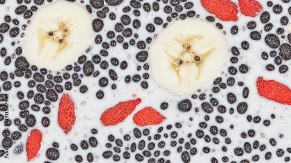 A close-up of a smoothie bowl with chia seeds, goji berries, and banana slices