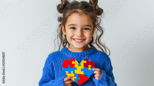Photo of beautiful and joyful little girl showing off their heart shaped jigsaw puzzle, autism awareness, ASD, wide landscape format 25:14 with copy space