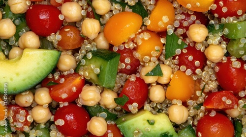 A colorful quinoa salad with avocado, cherry tomatoes, and chickpeas