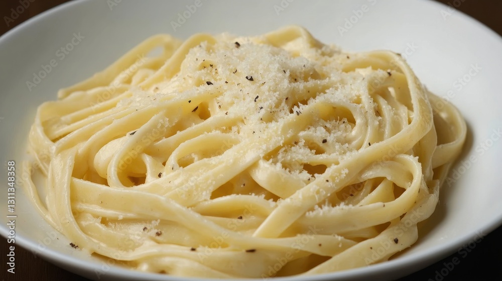 A plate of creamy fettuccine Alfredo topped with parmesan cheese