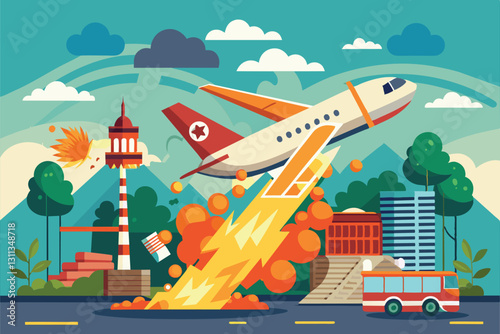 A plane experiences a catastrophic crash, creating explosions amid a city background with trees, Plane crash Customizable Flat Illustration