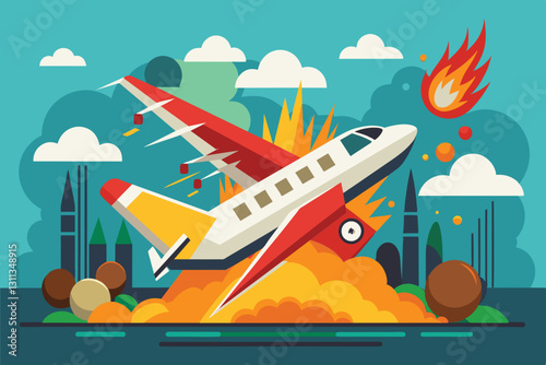 A stylized aircraft is illustrated crashing with flames and smoke, depicting a dramatic emergency scenario, Plane crash Customizable Flat Illustration
