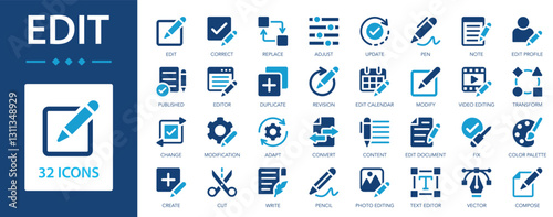 Edit flat icons collection. Update, change, note, adjust, compose, document, revision, cut, pen, duplicate, fix, write sign set.