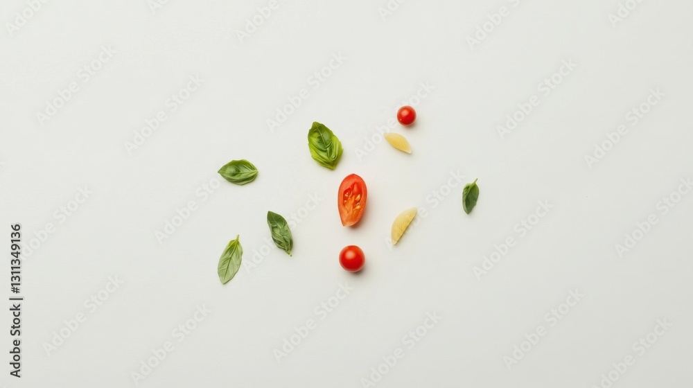 A top-down view of a fresh Italian pasta dish with basil and cherry tomatoes