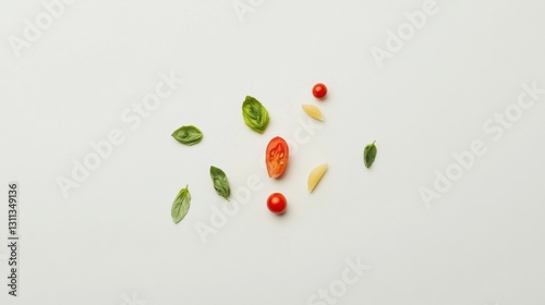 Obraz na płótnie A top-down view of a fresh Italian pasta dish with basil and cherry tomatoes w salonie