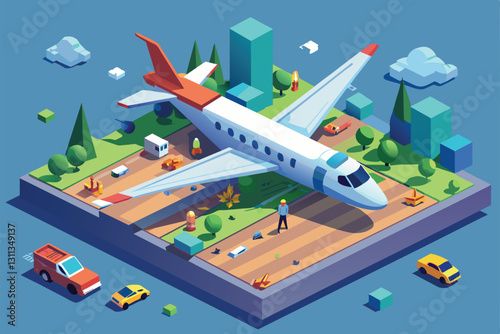 A plane crash site features a grounded aircraft, vehicles, and scattered debris amidst a vibrant landscape, Plane crash Customizable Isometric Illustration