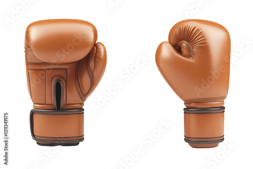 Pair of dark brown boxing gloves new. Banner design. Type of sport equipment used for fighting on stage or in ring. Isolated on cut out PNG or transparent background. 