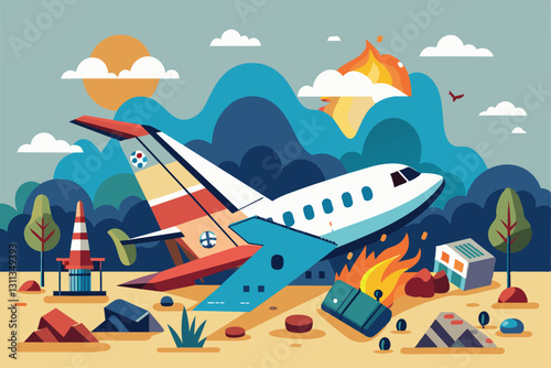 A colorful illustration depicts a plane crash at a site with flames, rocks, and trees under a vibrant sky, Plane crash Customizable Semi Flat Illustration