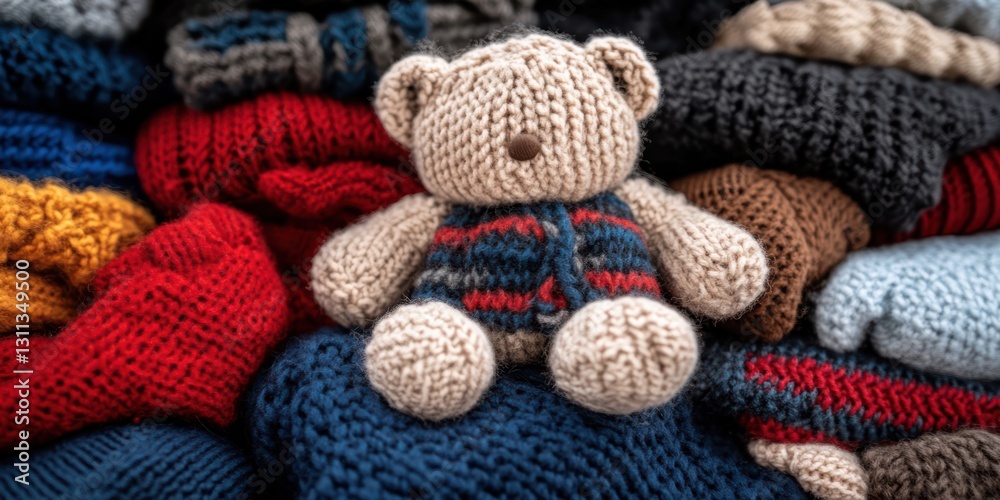 A cozy, knitted teddy bear nestles amidst a collection of vibrant, handmade children's sweaters, evoking warmth and playfulness.