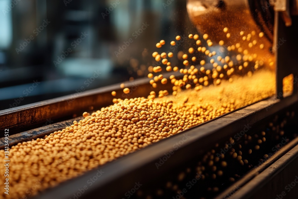 Soybeans flowing on a conveyor belt in a factory. Illustrates agricultural processing and food production. Soybeans flowing on a conveyor belt in a factory. Illustrates agricultural processing and food production.