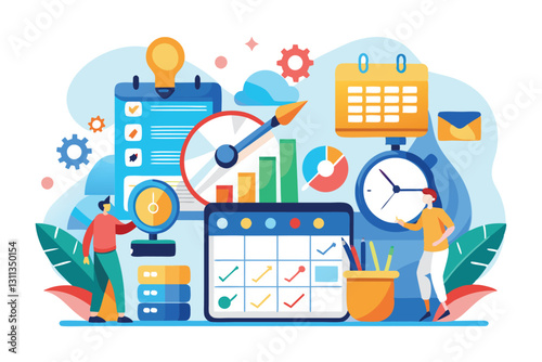 Two individuals are focused on planning and scheduling activities with various time management tools around them, Planning and scheduling, time management