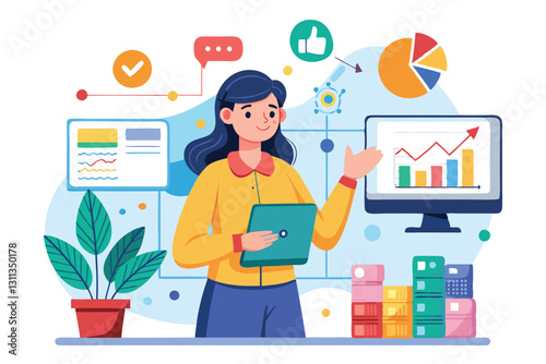 A young girl is engaged in planning and scheduling tasks, reviewing data on her computer, and staying organized, Planning and scheduling, Young girl conduct marketing research