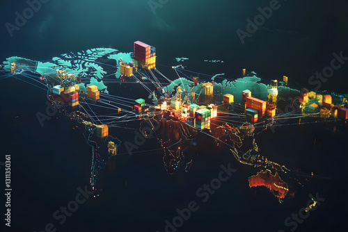 Chain link above world map internet. Intricate global value chains connecting manufacturers suppliers and distributors across borders conceptual of international trade and supply chains.