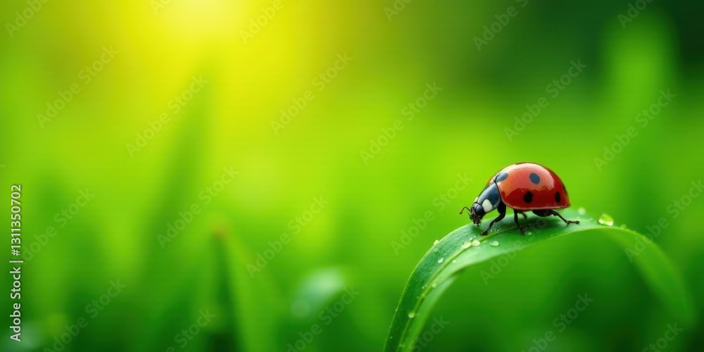 Fototapeta premium A vibrant ladybug gracefully strolling across a dew-kissed blade of grass, bathed in the soft glow of morning sunlight, a picturesque scene of nature's gentle beauty