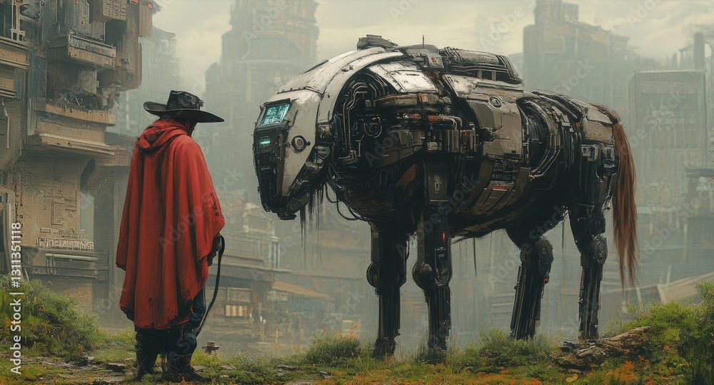 Futuristic horse and rider in a cyber landscape Futuristic horse and rider in a cyber landscape