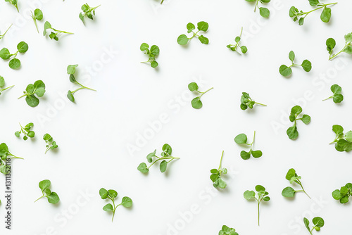 A fresh cress leaves naturally scattered, isolated on a white background
