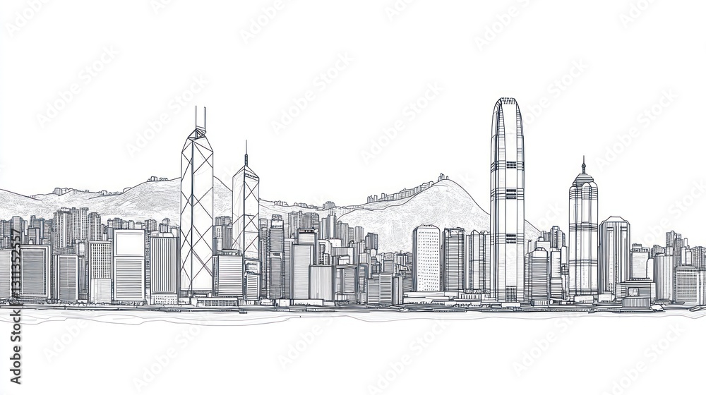 Fototapeta premium Hong Kong Skyline Architectural Line Drawing