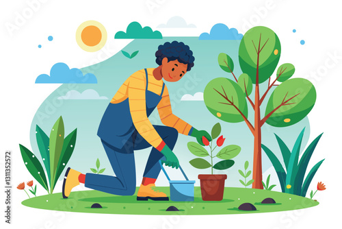 Someone is planting a small plant in a pot, enjoying a sunny day in a lush garden setting, Planting tree Customizable Disproportionate Illustration