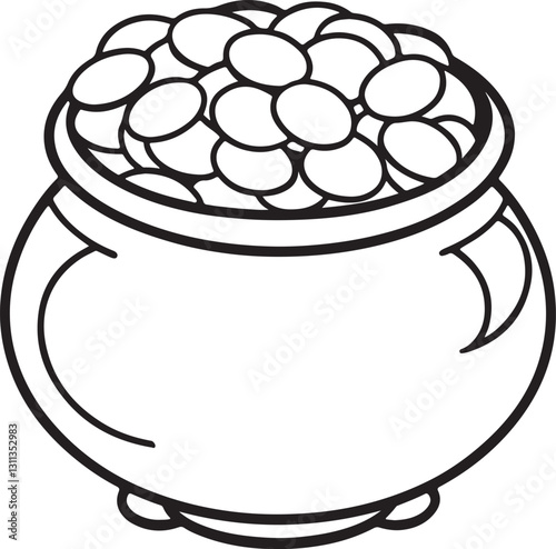 pot of gold coins line art, black outline, vector and illustration, coloring book page line art drawing