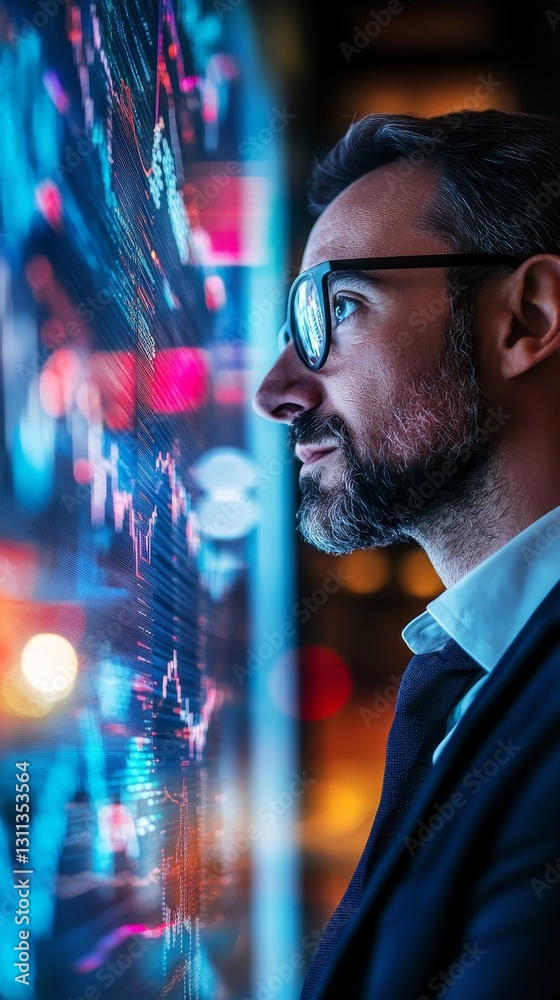 A man in a suit is looking at a computer screen with a lot of numbers A man in a suit is looking at a computer screen with a lot of numbers