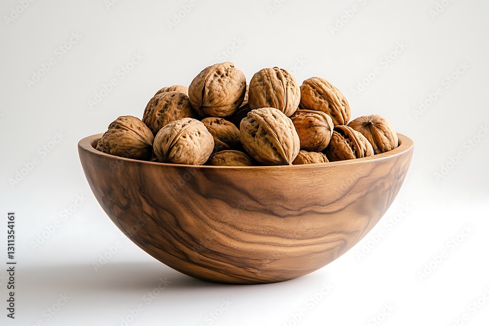 A wooden bowl containing whole walnuts is displayed against a white background A wooden bowl containing whole walnuts is displayed against a white background