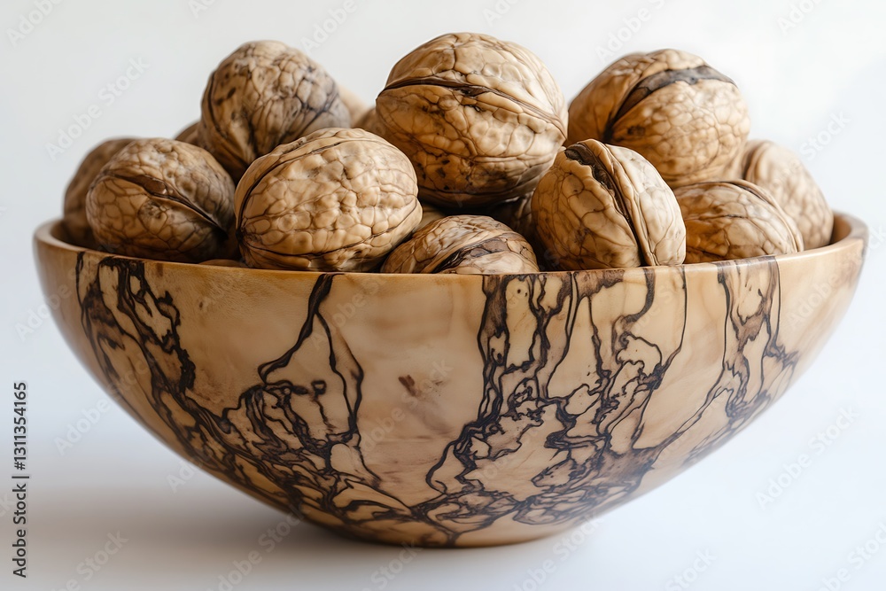 A wooden bowl containing whole walnuts is displayed against a white background A wooden bowl containing whole walnuts is displayed against a white background