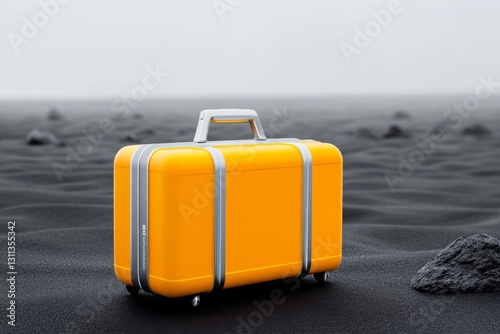 Bright yellow suitcase on a textured black surface, ideal for travel themes photo